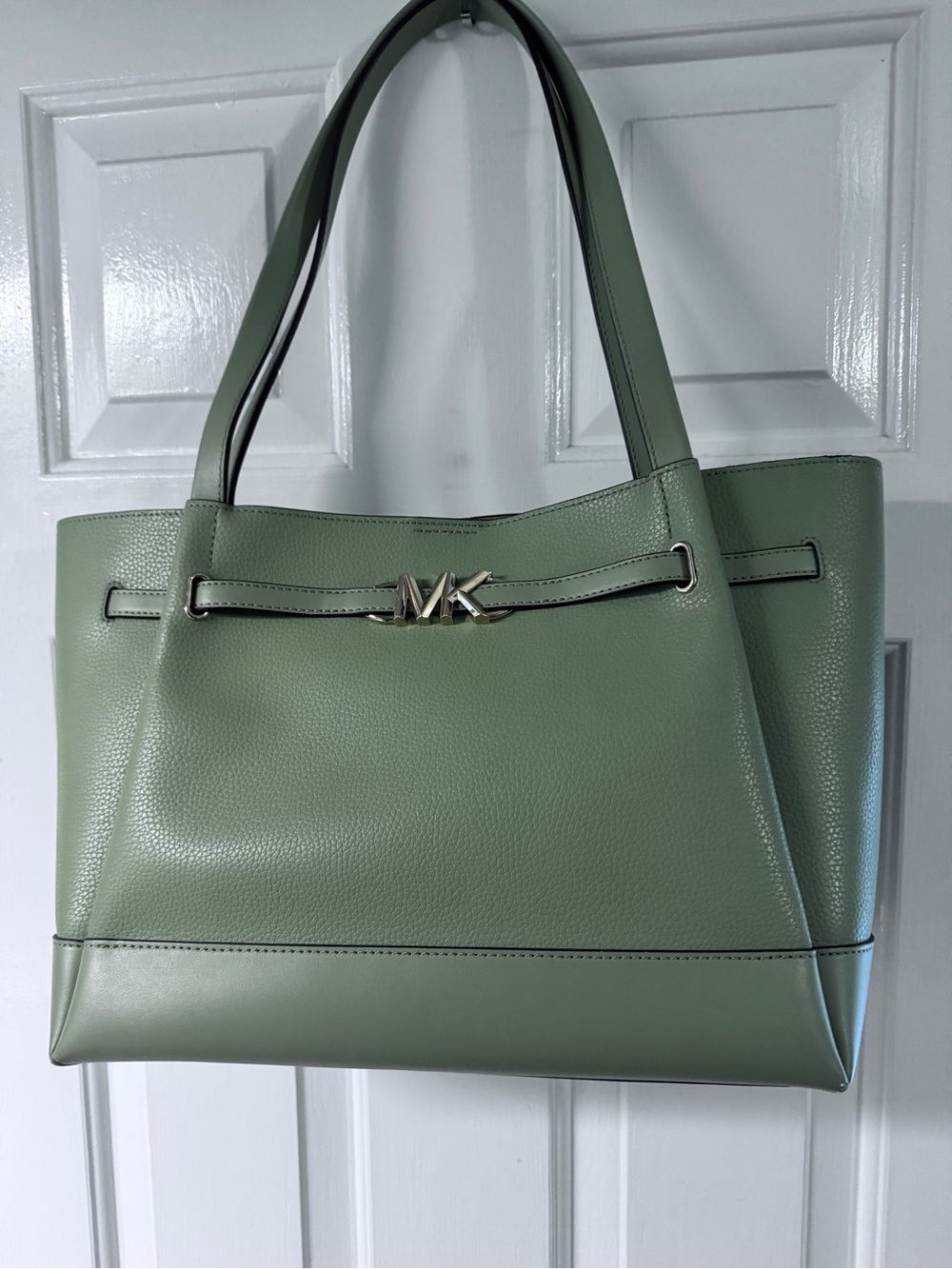 Michael Kors Sage Green Leather Tote with Silver MK Accent